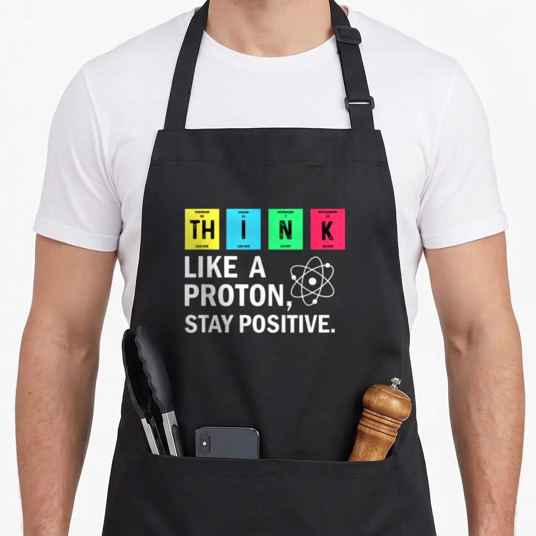 Proton science apron - Periodic table tiles spelling THINK above white text LIKE A PROTON STAY POSITIVE and atom symbol — shown on a black cotton canvas apron against a white background