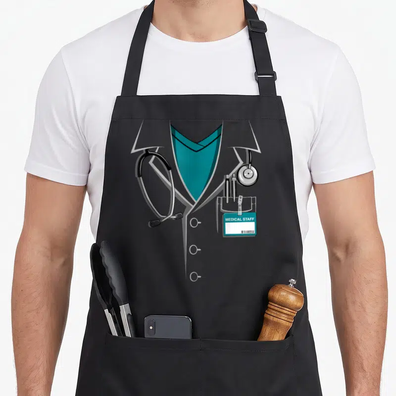 Lab halloween apron - Cartoon grey doctor coat with teal V-neck, stethoscope, two pens, and medical staff ID badge — shown on a black cotton canvas apron against a white background