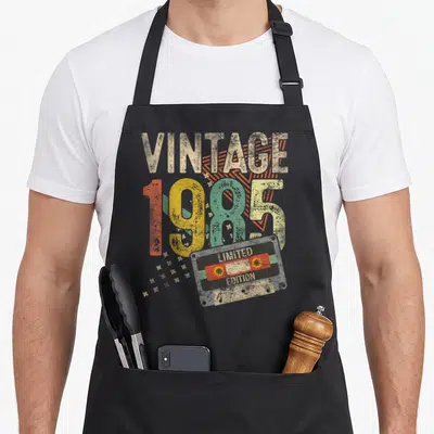 Tape 41st birthday apron - Distressed 1985 text with cassette tape and small flowers in beige orange yellow green — shown on a black cotton canvas apron against a white background