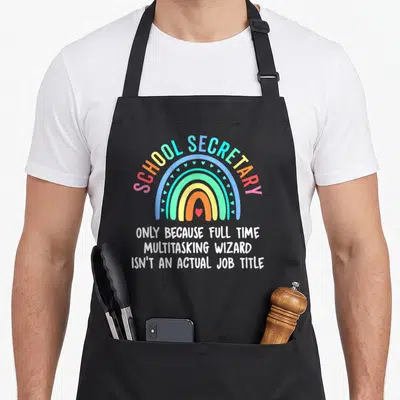 Crew office apron - Rainbow with hearts and text reading School Secretary Only Because Full Time Multitasking Wizard — shown on a black cotton canvas apron against a white background