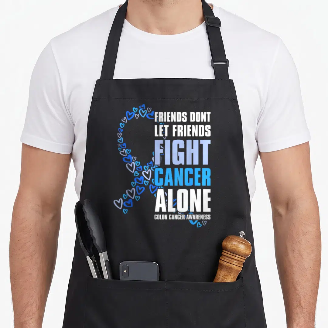 Colon friends apron - Blue and white heart ribbon with text Friends Dont Let Friends Fight Cancer Alone — shown on a black cotton canvas apron against a white background