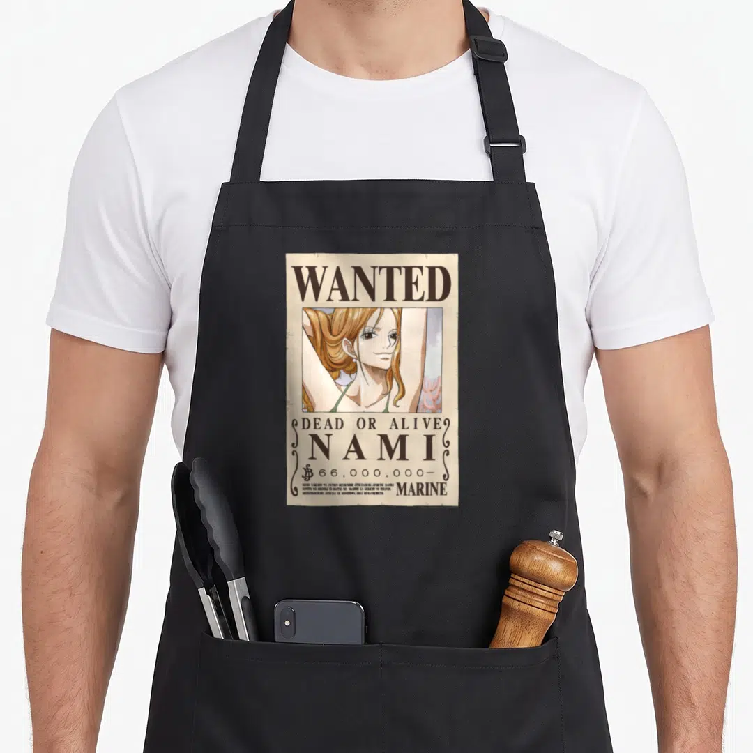 Burglar cat apron - Nami wanted poster with 66,000,000 bounty and cartoon portrait — shown on a black cotton canvas apron against a white background