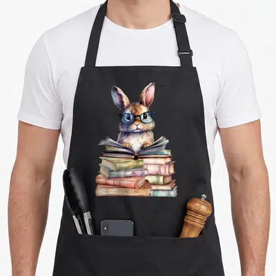 Reading bunny apron - Watercolor rabbit with glasses behind open book on stack of closed books — shown on a black cotton canvas apron against a white background