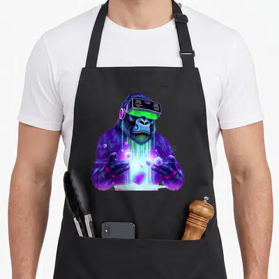 Monkey gaming apron - Purple gorilla in VR headset with green digital rain and floating cubes — shown on a black cotton canvas apron against a white background