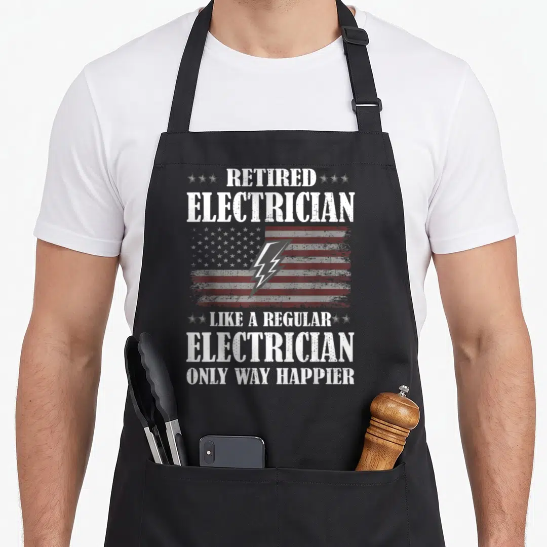 Way funny retirement aprons - Distressed USA flag with grey lightning bolt and retired electrician text — shown on a black cotton canvas apron against a white background