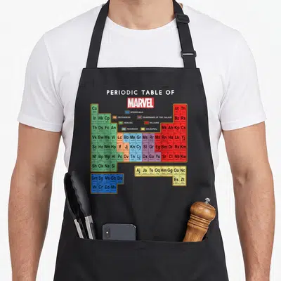 Funny character table apron - Marvel periodic table grid with heroes villains and teams in colored cells — shown on a black cotton canvas apron against a white background