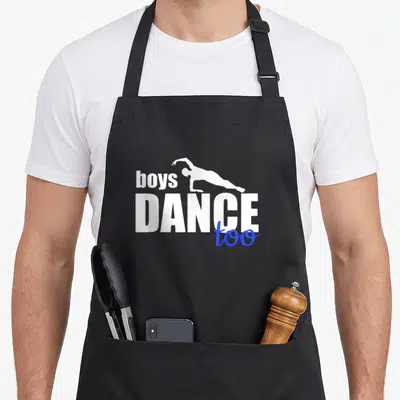 Ballet dancing apron - boys DANCE too text with white dancer silhouette and blue script — shown on a black cotton canvas apron against a white background