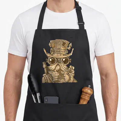 Steam traveler apron - Cartoon steampunk character with mechanical top hat, goggles, mustache, holding ornate cup — shown on a black cotton canvas apron against a white background