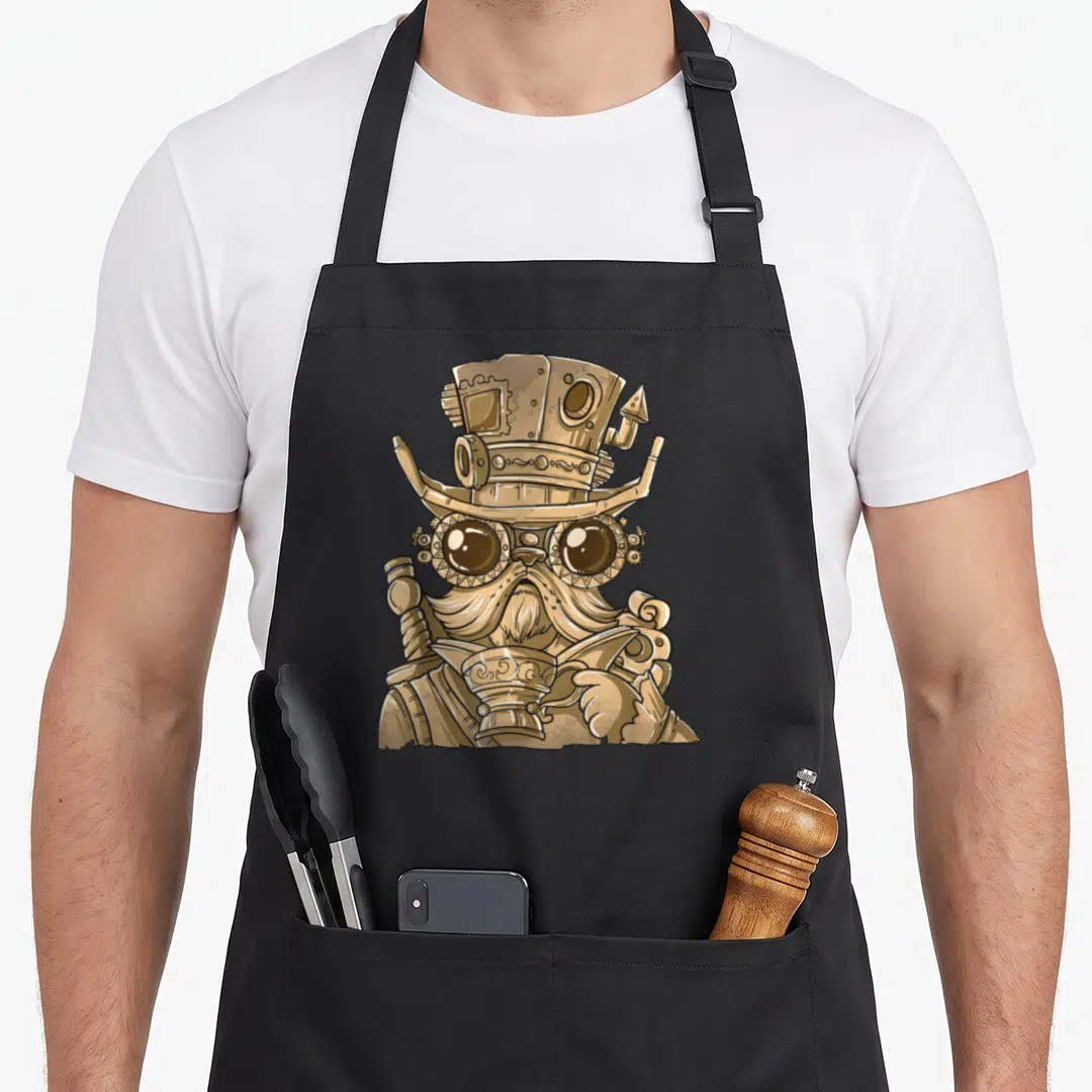Steam traveler apron - Cartoon steampunk character with mechanical top hat, goggles, mustache, holding ornate cup — shown on a black cotton canvas apron against a white background