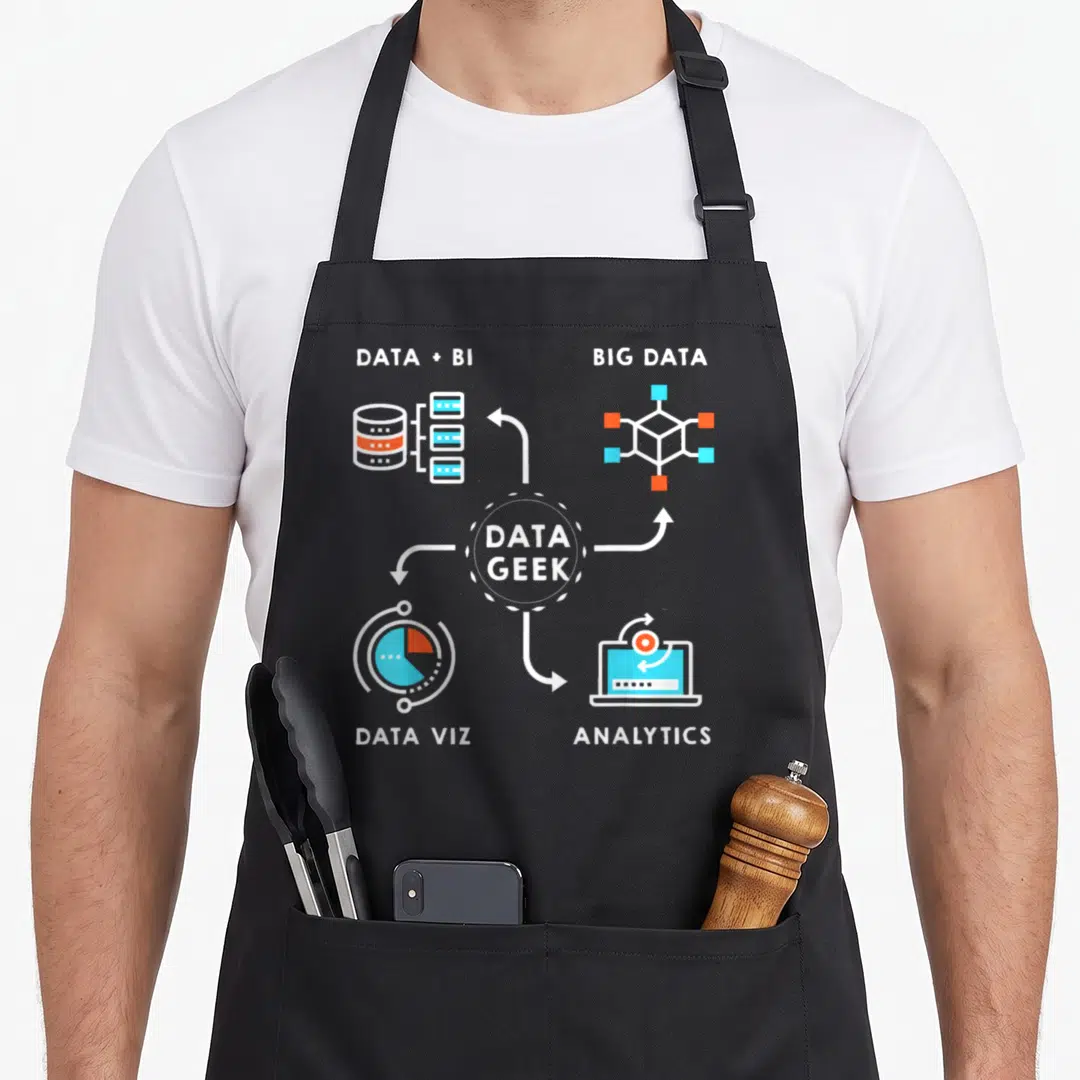 Data engineer apron - DATA GEEK circle connecting DB, Big Data, Data Viz, and Analytics icons with arrows — shown on a black cotton canvas apron against a white background