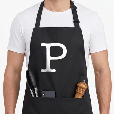 Halloween costume salt and pepper aprons - White serif letter P centered on a solid black background — shown on a black cotton canvas apron against a white background