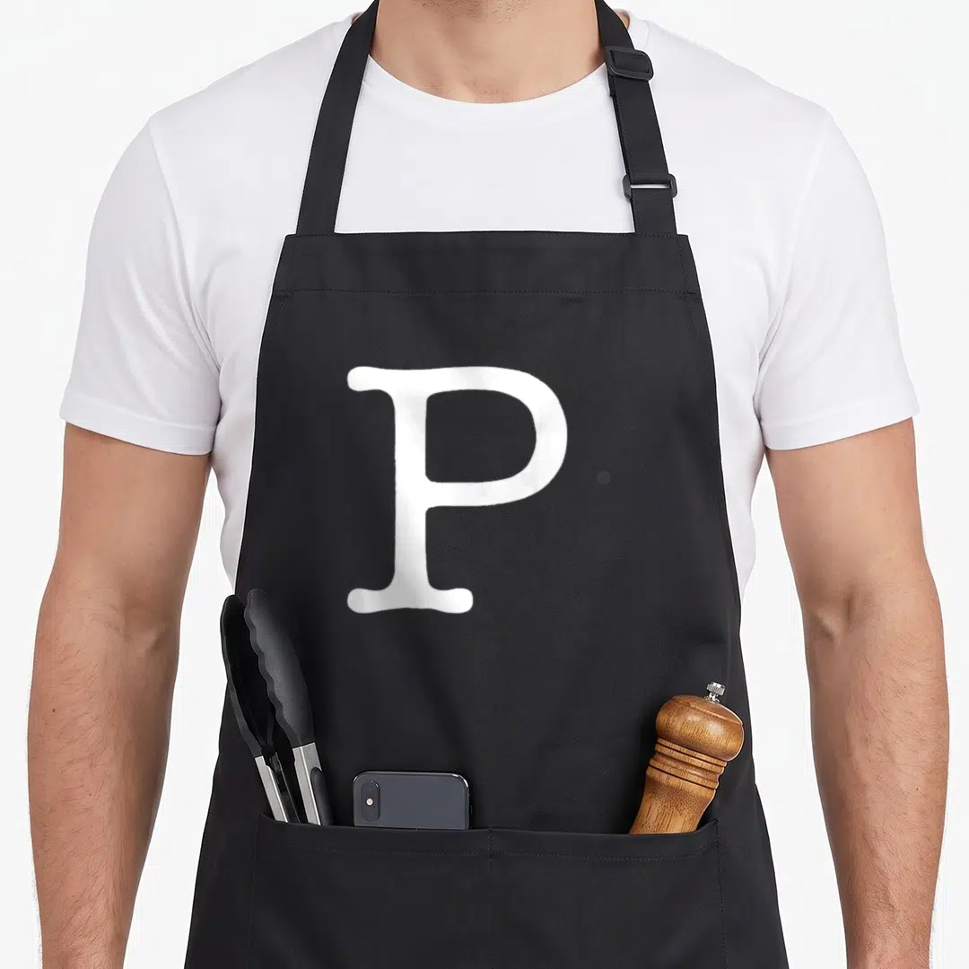 Halloween costume salt and pepper aprons - White serif letter P centered on a solid black background — shown on a black cotton canvas apron against a white background