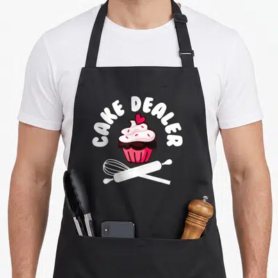 Dealer cake apron - CAKE DEALER text over pink cupcake with crossed white whisk and rolling pin — shown on a black cotton canvas apron against a white background