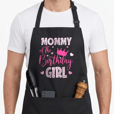 Vintage birthday family cooking aprons - Pink Mommy of The Birthday Girl text with crown and hearts — shown on a black cotton canvas apron against a white background