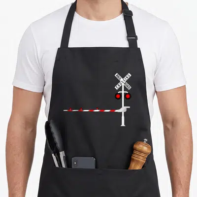 Railroad halloween apron - White post with RAIL CROSSING ROAD sign, two red lights, and striped barrier arm extending — shown on a black cotton canvas apron against a white background