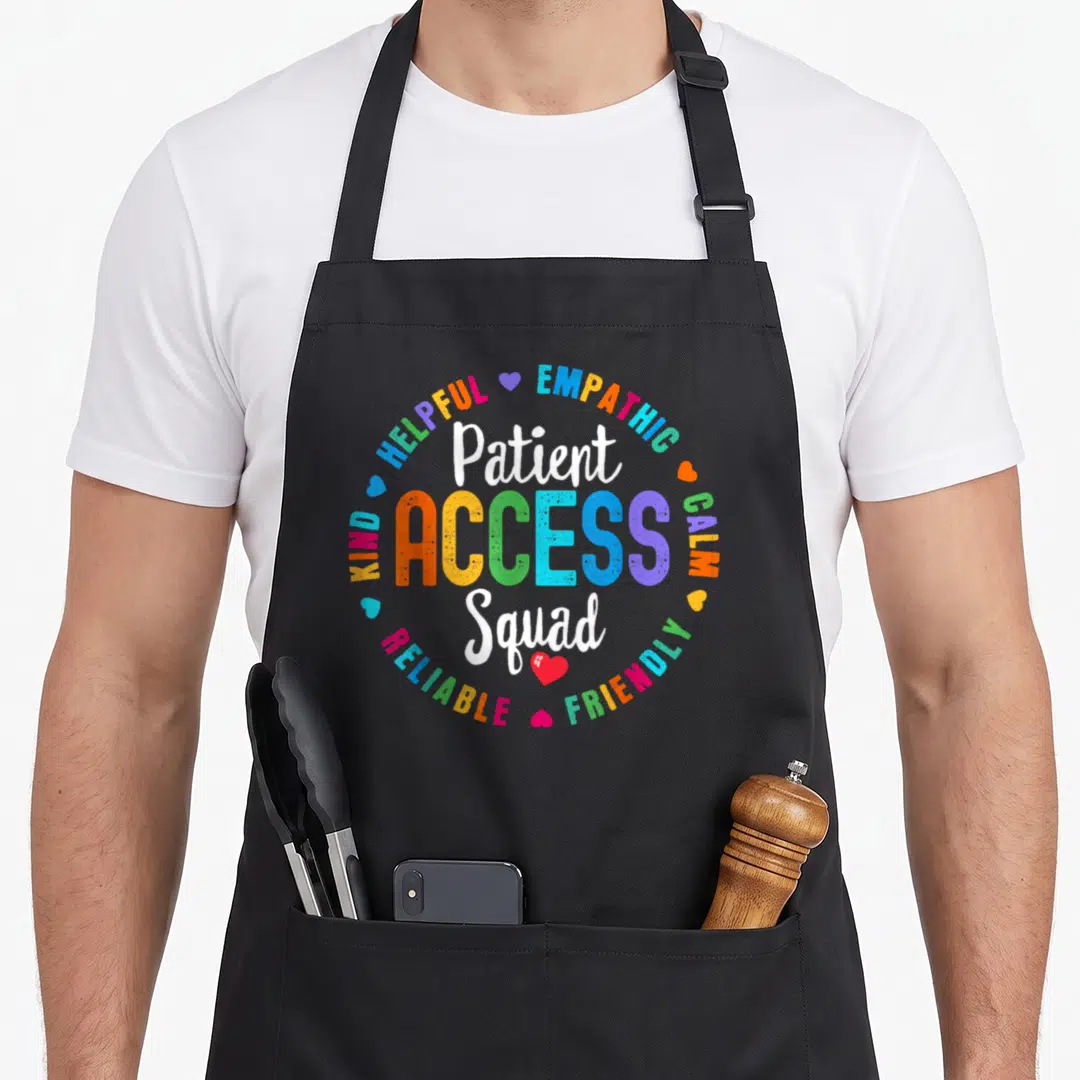 Access patient apron - Multi-colored ACCESS text between white Patient Squad script surrounded by helpful and kind — shown on a black cotton canvas apron against a white background
