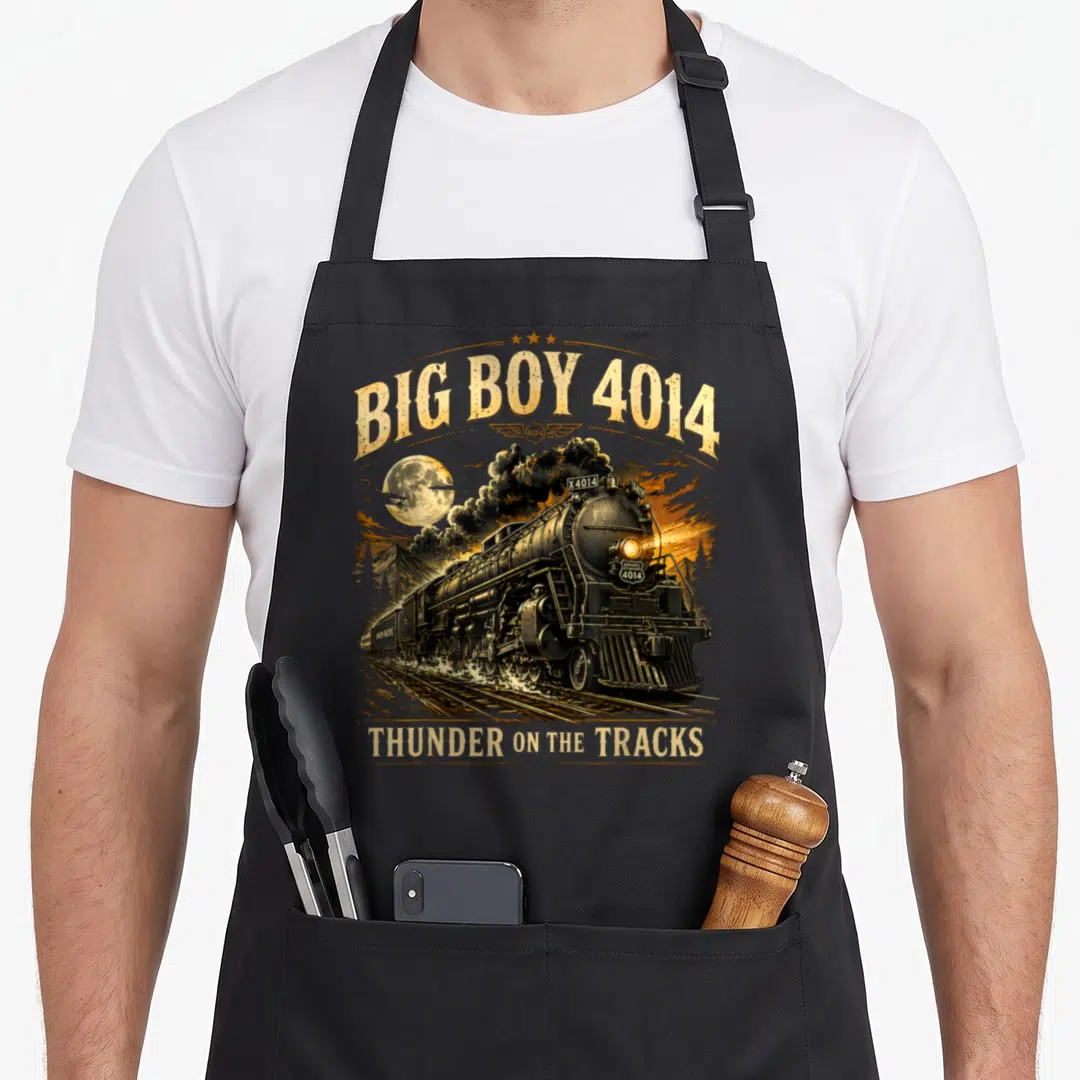Funny steam locomotive apron - Big Boy 4014 steam locomotive with moon and gold lettering — shown on a black cotton canvas apron against a white background