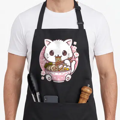 Anime neko cat apron - White cat holding chopsticks in pink ramen bowl with heart bubble and flowers — shown on a black cotton canvas apron against a white background
