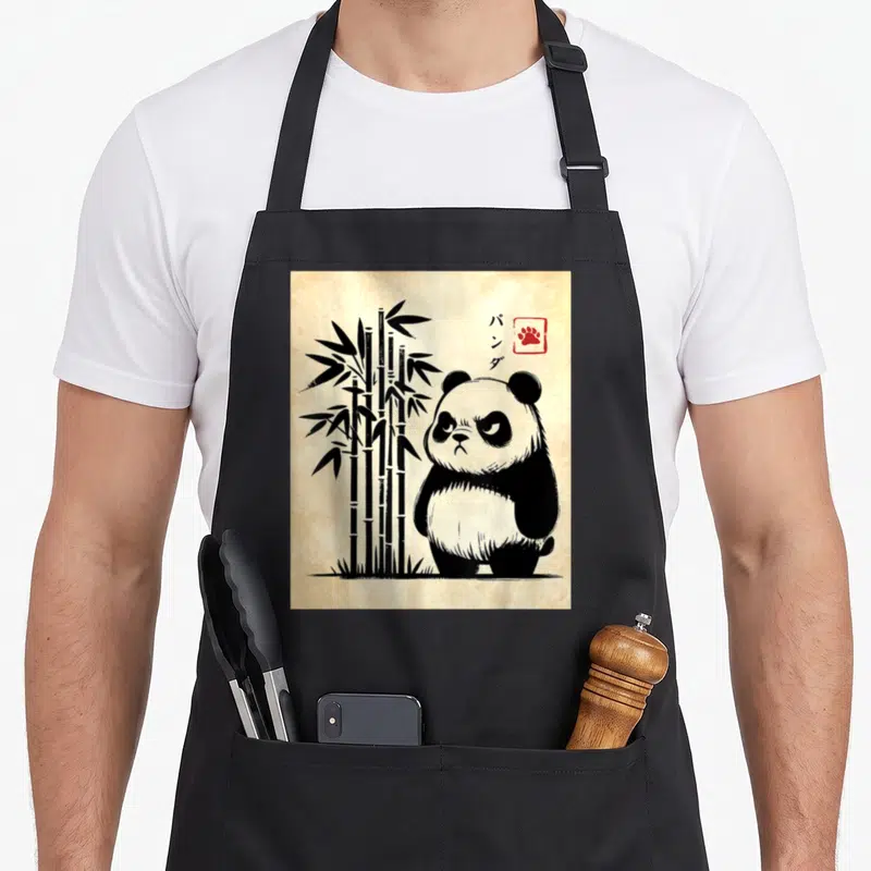Kawaii streetwear apron - Grumpy panda line art with bamboo and Japanese text next to a red paw stamp — shown on a black cotton canvas apron against a white background