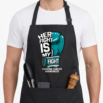 Fight ovarian cancer ribbon apron - Teal boxing glove with Her Fight Is My Fight text and Ovarian Cancer Awareness label — shown on a black cotton canvas apron against a white background