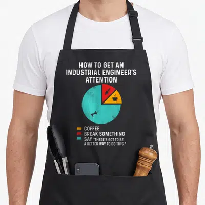 Engineering industrial apron - Pie chart with white teal red orange slices showing coffee bottle and megaphone icons — shown on a black cotton canvas apron against a white background