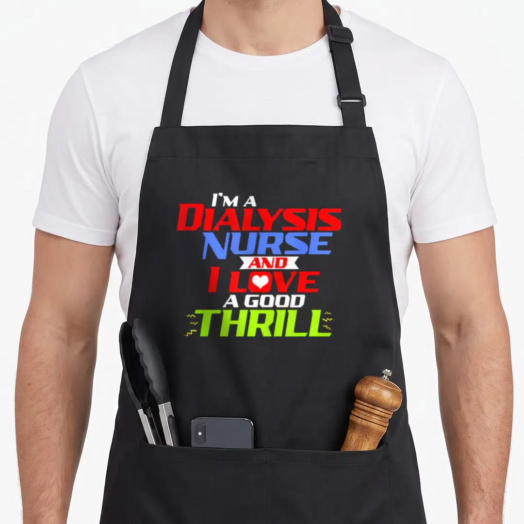 Thrill nurse apron - Stacked dialysis nurse text with white heart in love and lime green lightning bolts on red blue — shown on a black cotton canvas apron against a white background