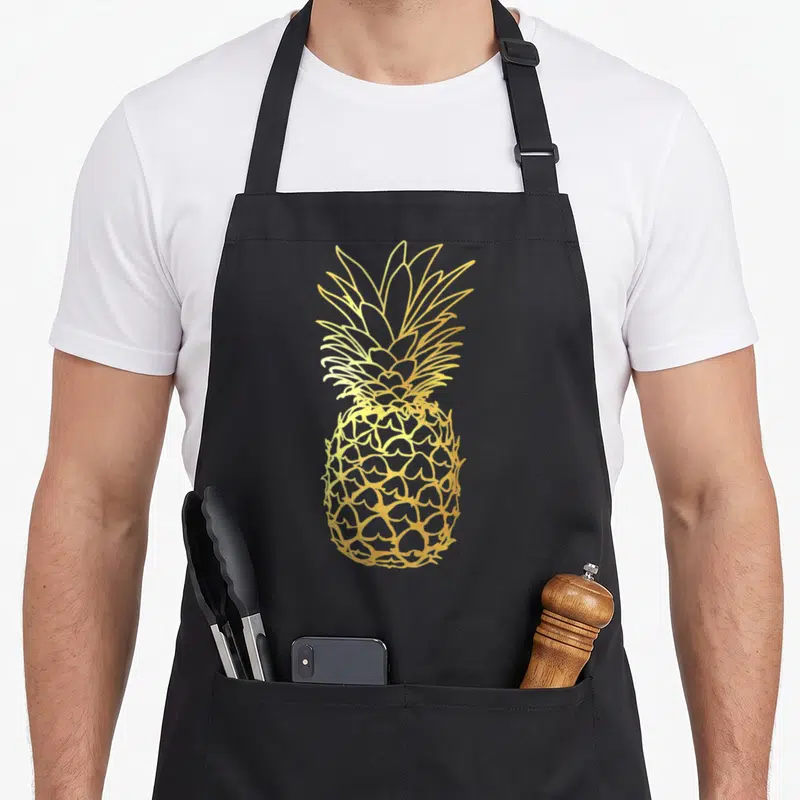 Pineapple bridal apron - Gold line art drawing of a pineapple fruit centered on grey background — shown on a black cotton canvas apron against a white background