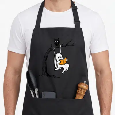 Ghost swing halloween apron - White ghost reading orange book on swing with black owl on branch — shown on a black cotton canvas apron against a white background