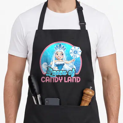 Queen cotton candy apron - Cartoon woman in blue dress inside candy circle with stacked text below — shown on a black cotton canvas apron against a white background