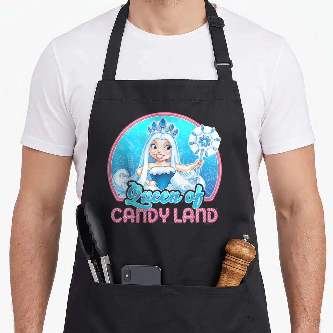 Queen cotton candy apron - Cartoon woman in blue dress inside candy circle with stacked text below — shown on a black cotton canvas apron against a white background