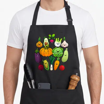 Vegetable veggie apron - Smiling cartoon pumpkin, eggplant, corn, and carrots arranged in an oval shape — shown on a black cotton canvas apron against a white background