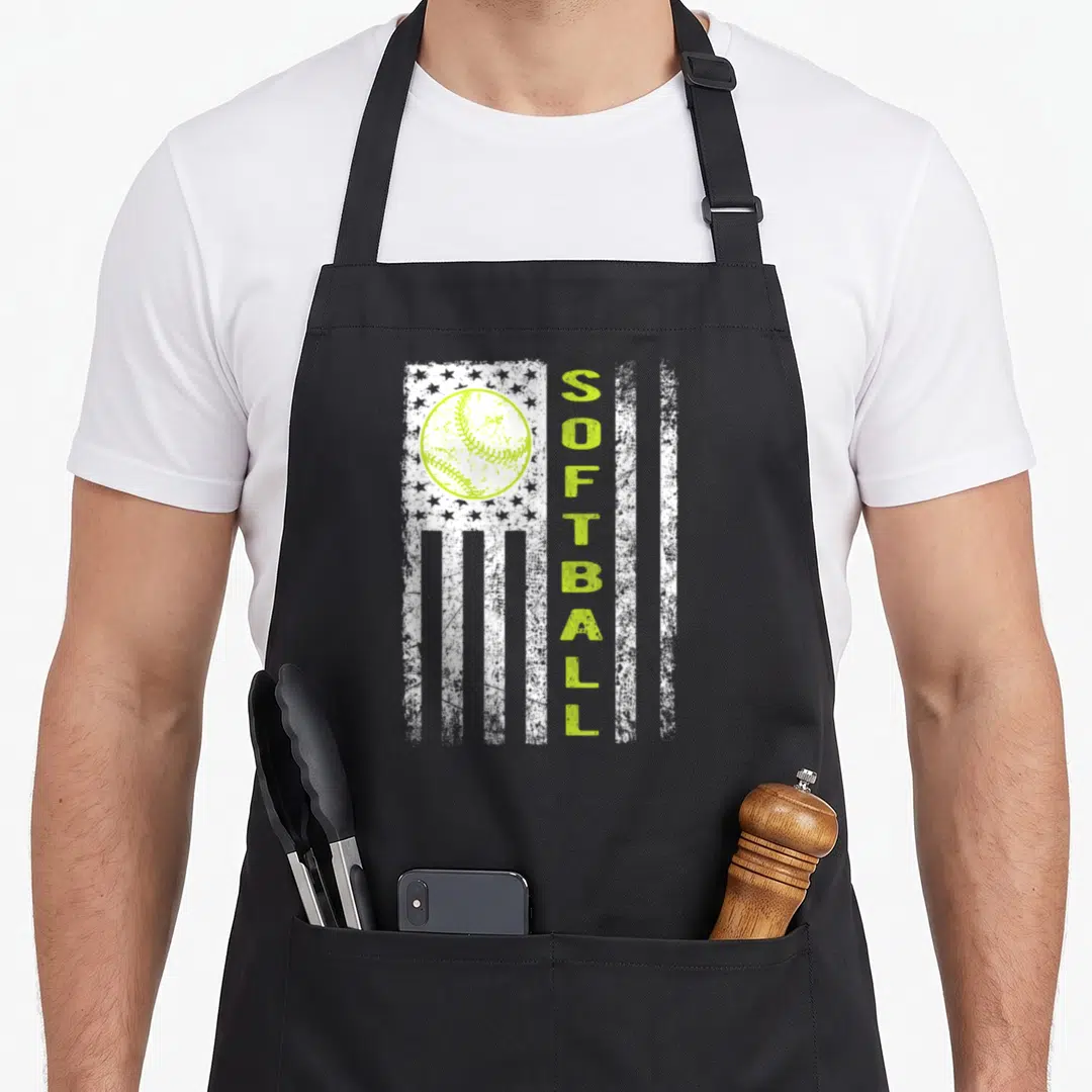 Flag pitcher apron - Distressed white flag with lime green softball and vertical SOFTBALL text — shown on a black cotton canvas apron against a white background