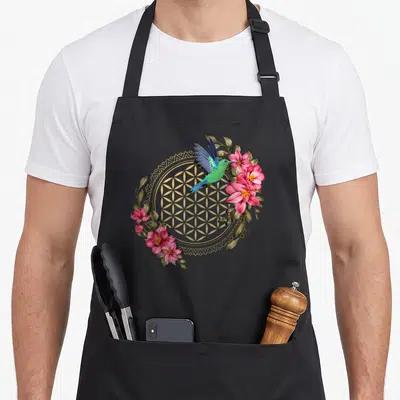 Hummingbird geometry apron - Realistic hummingbird on gold geometric circle with pink flowers and gold leaves — shown on a black cotton canvas apron against a white background