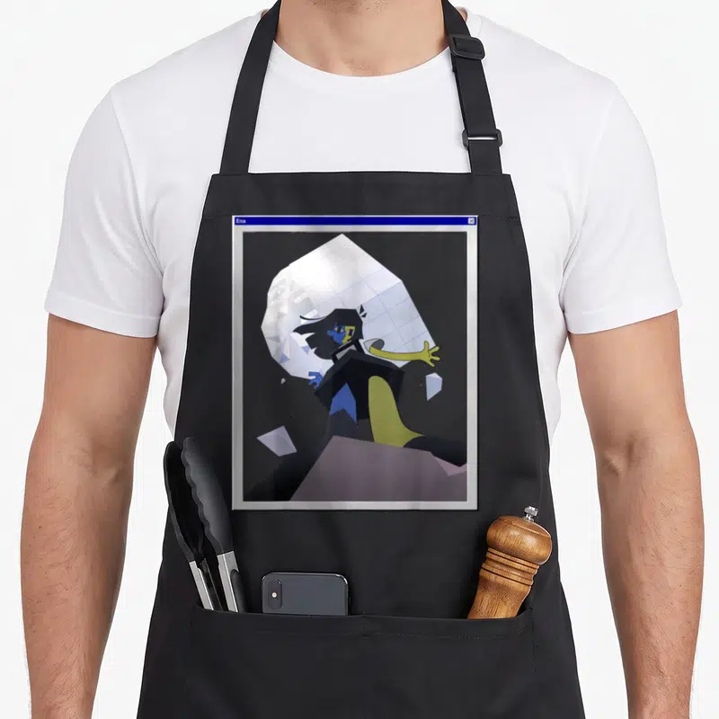 Ena rain apron - Cartoon character Ena in a window frame with geometric crystal and yellow blue purple colors — shown on a black cotton canvas apron against a white background