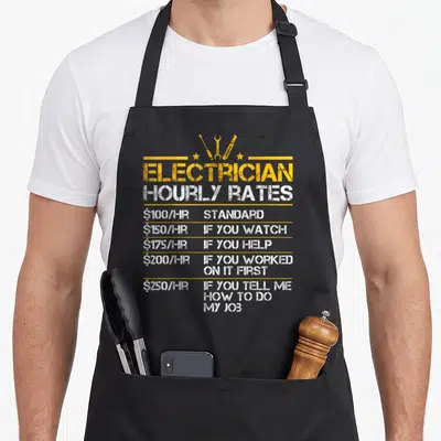 Rate lineman electricians apron - Yellow and white distressed text listing electrician hourly rates with tool icons — shown on a black cotton canvas apron against a white background