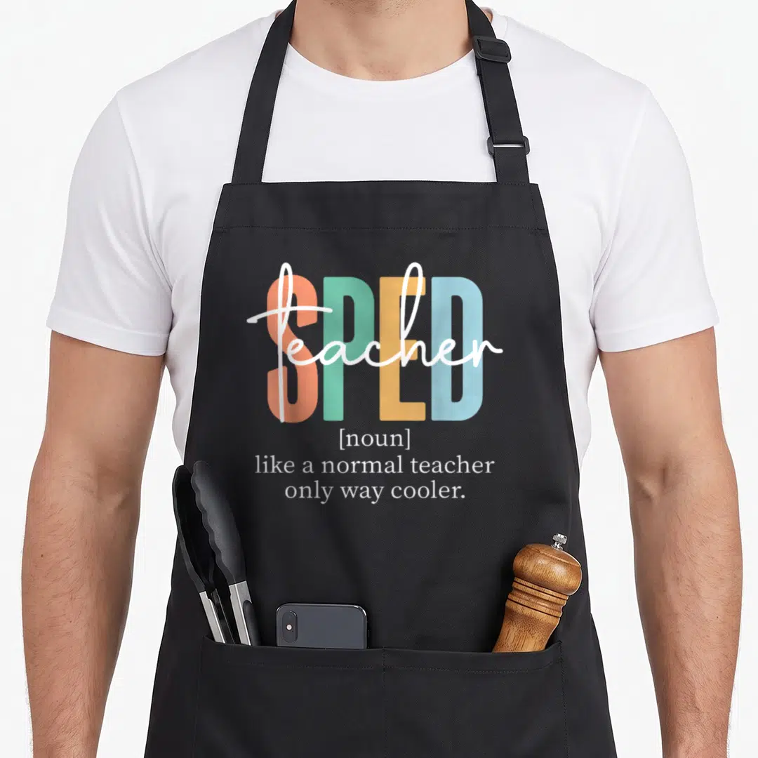 Sped definition personalized teacher aprons - Stacked colorful text reading SPED teacher noun like a normal teacher — shown on a black cotton canvas apron against a white background
