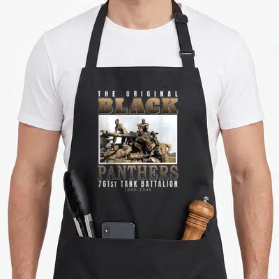 761st ww2 apron - Original Black Panthers 761st Tank Battalion 1942-1946 soldiers tank photo — shown on a black cotton canvas apron against a white background