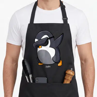 Dabbing penguin aprons - Cartoon penguin in grey and white wearing sunglasses with orange feet — shown on a black cotton canvas apron against a white background