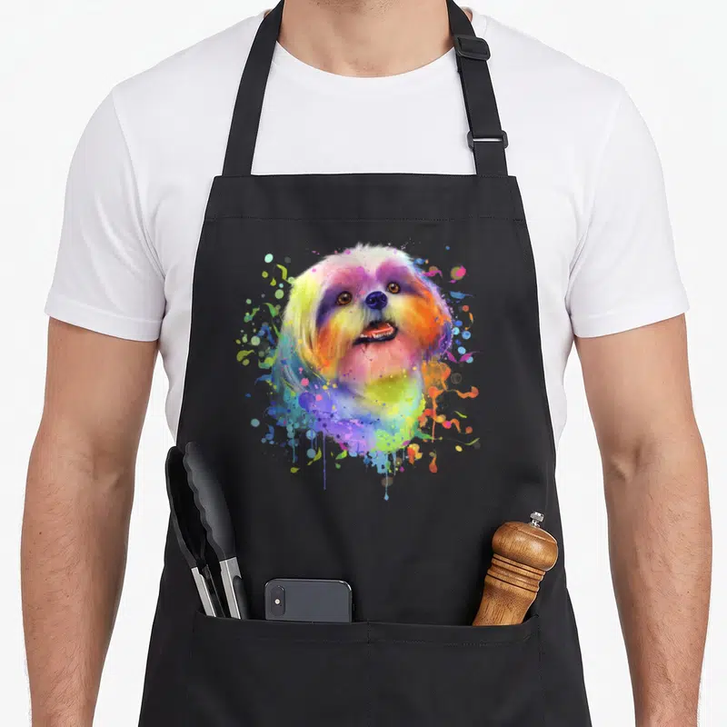 Shih colorful aprons - Rainbow watercolor dog head surrounded by pink yellow blue green orange paint splatters — shown on a black cotton canvas apron against a white background