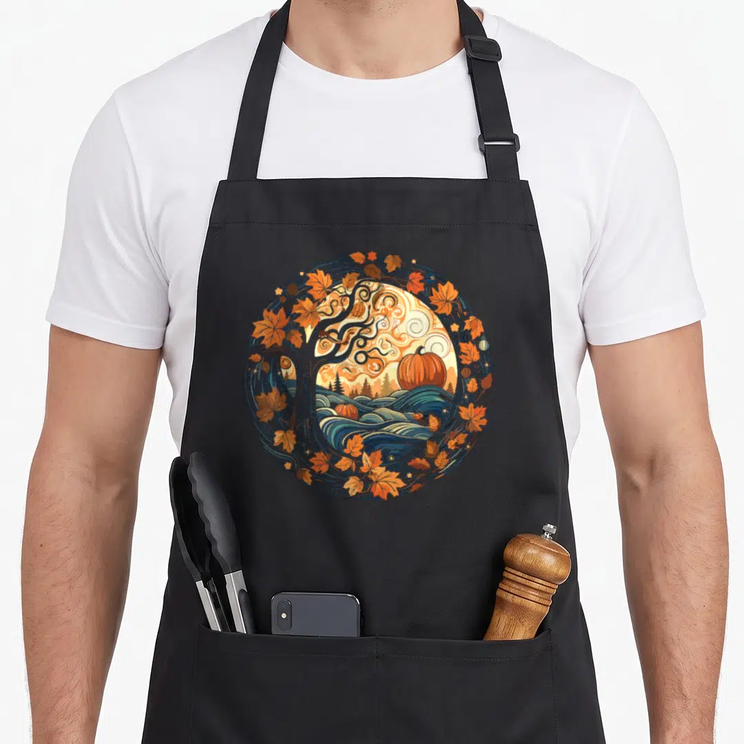 Cottagecore pumpkin apron - Circular cartoon autumn scene with orange pumpkin, blue waves, and stylized tree surrounded — shown on a black cotton canvas apron against a white background