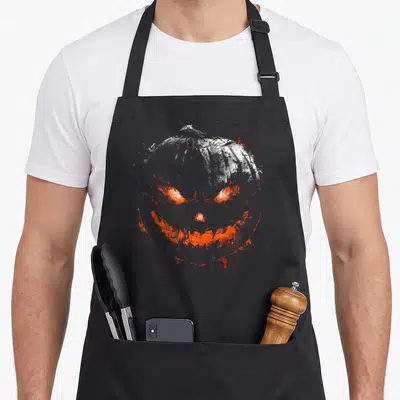 Pumpkin costume spooky apron - Distressed orange and white jack-o-lantern face on grey background — shown on a black cotton canvas apron against a white background
