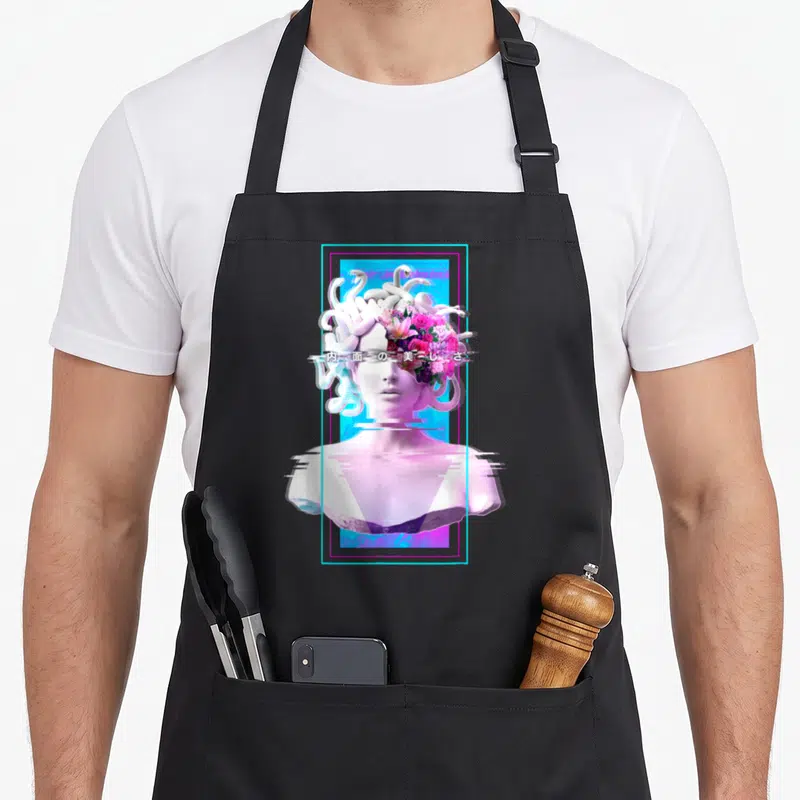 Medusa vaporwave apron - White Medusa bust with flower hair inside neon frame with Japanese text meaning inner beauty — shown on a black cotton canvas apron against a white background