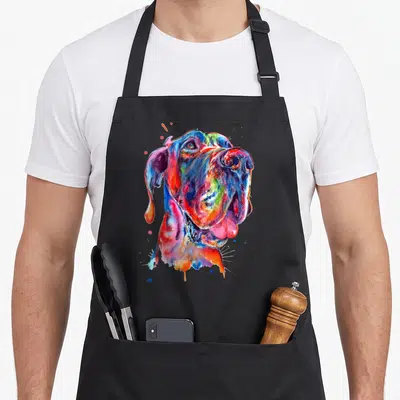 Funny dane splash aprons - Multicolored watercolor dog head portrait with blue red yellow pink orange splatters — shown on a black cotton canvas apron against a white background