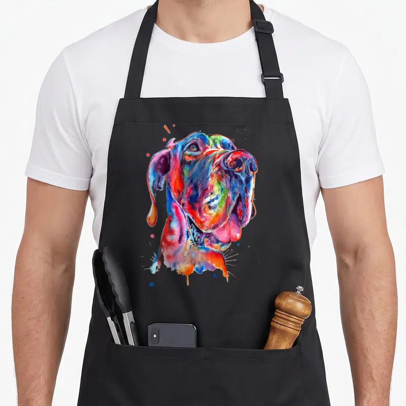 Funny dane splash aprons - Multicolored watercolor dog head portrait with blue red yellow pink orange splatters — shown on a black cotton canvas apron against a white background