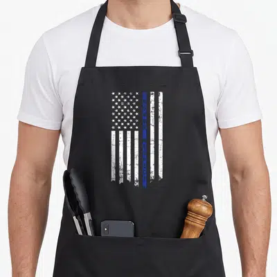 Honor police apron - Distressed US flag with white stars, white stripes, and a central blue stripe reading HONOR — shown on a black cotton canvas apron against a white background