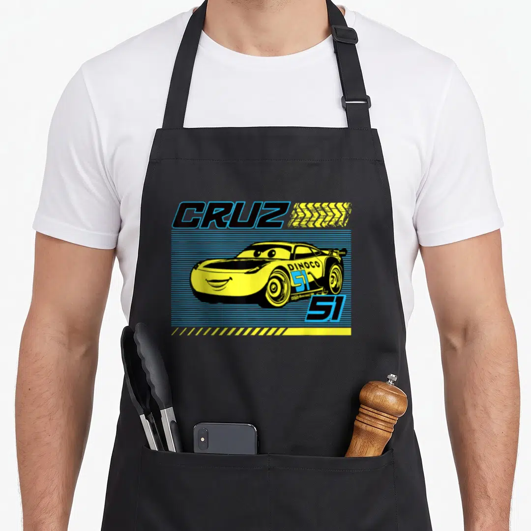 Ramirez car apron - Yellow race car Cruz Dinoco 51 text blue stripes cartoon — shown on a black cotton canvas apron against a white background