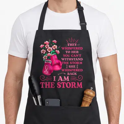 Storm ribbon apron - Pink boxing gloves with white ribbon and bouquet of pink flowers beside stacked inspirational text — shown on a black cotton canvas apron against a white background