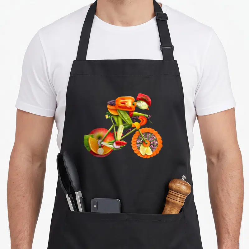 Fruit veggie apron - Bicycle shape made of sliced red orange green and purple fruits and vegetables — shown on a black cotton canvas apron against a white background