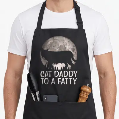 Fat cat apron - Grey cat silhouette over moon and trees with text CAT DADDY TO A FATTY — shown on a black cotton canvas apron against a white background