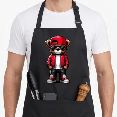 Hop teddy bear apron - Cartoon bear in red cap, sunglasses, red jacket, and black pants standing centrally — shown on a black cotton canvas apron against a white background